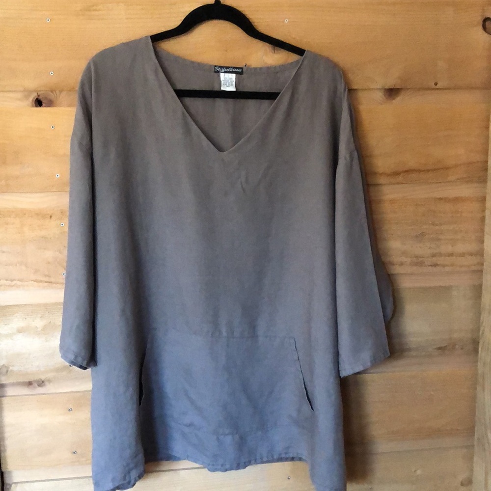linen large brown top with front pouch pocket 3/4 sleeve